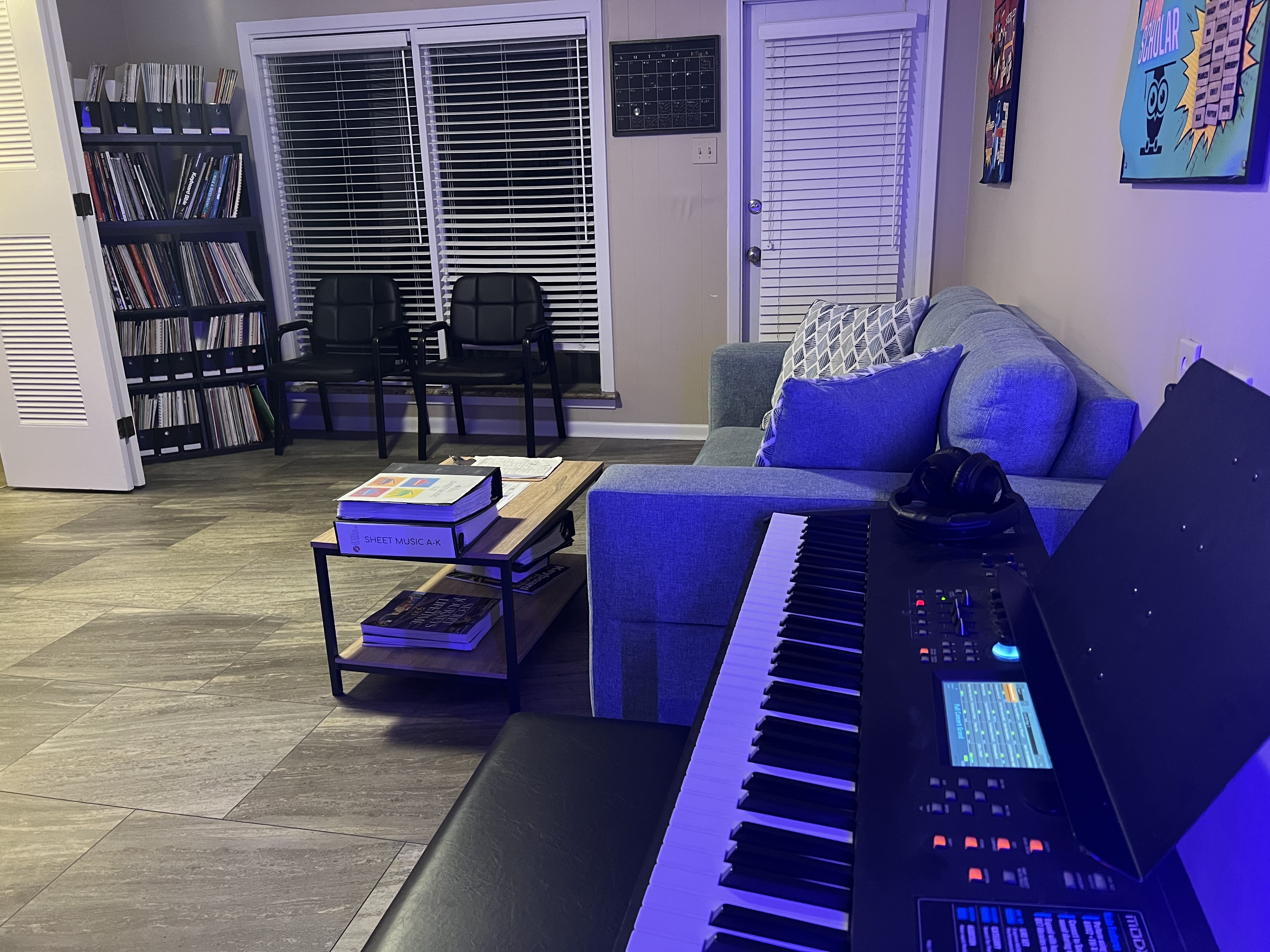 Keyboard and music library in the studio