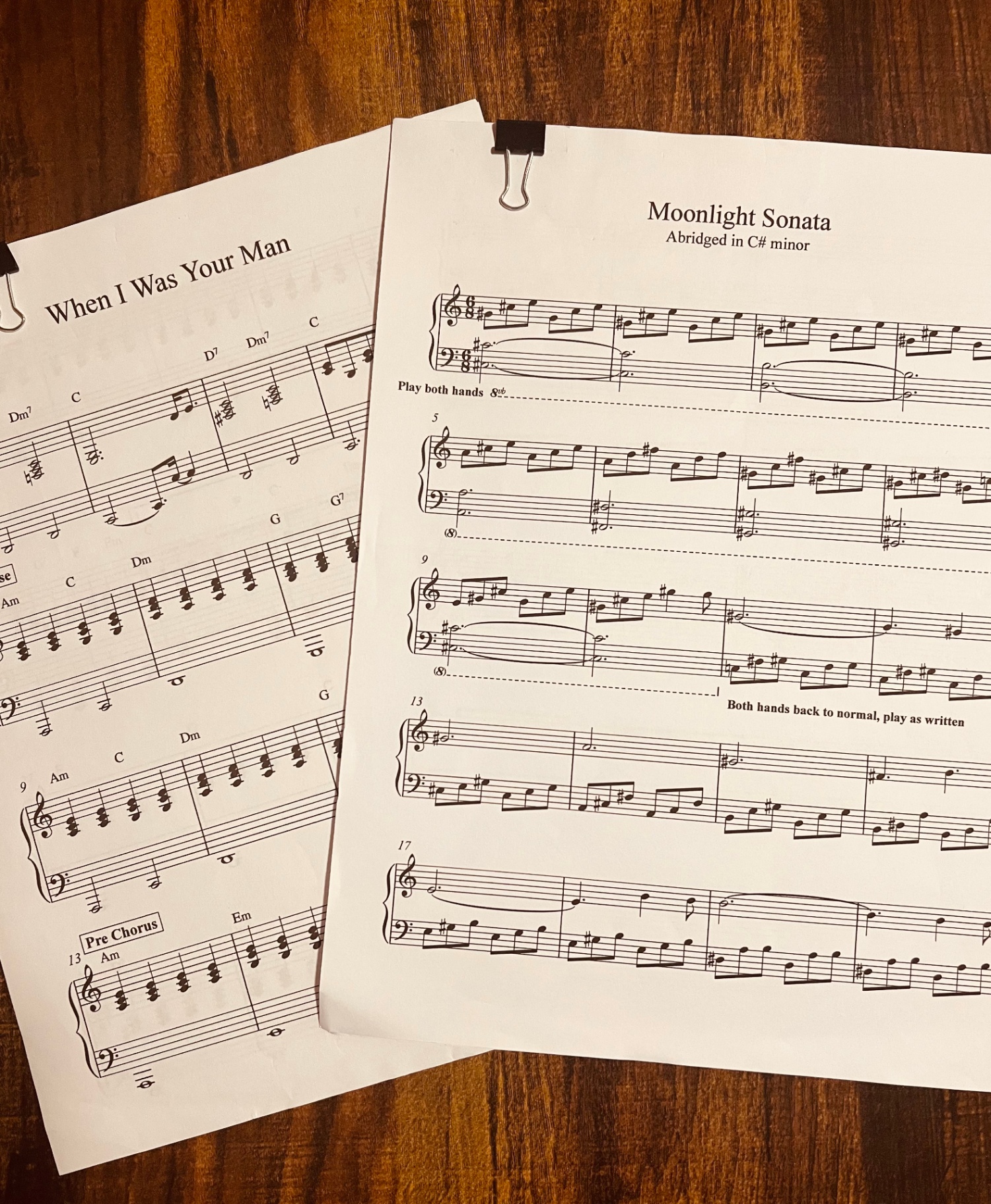 Custom arrangements of Moonlight Sonata and When I Was Your Man