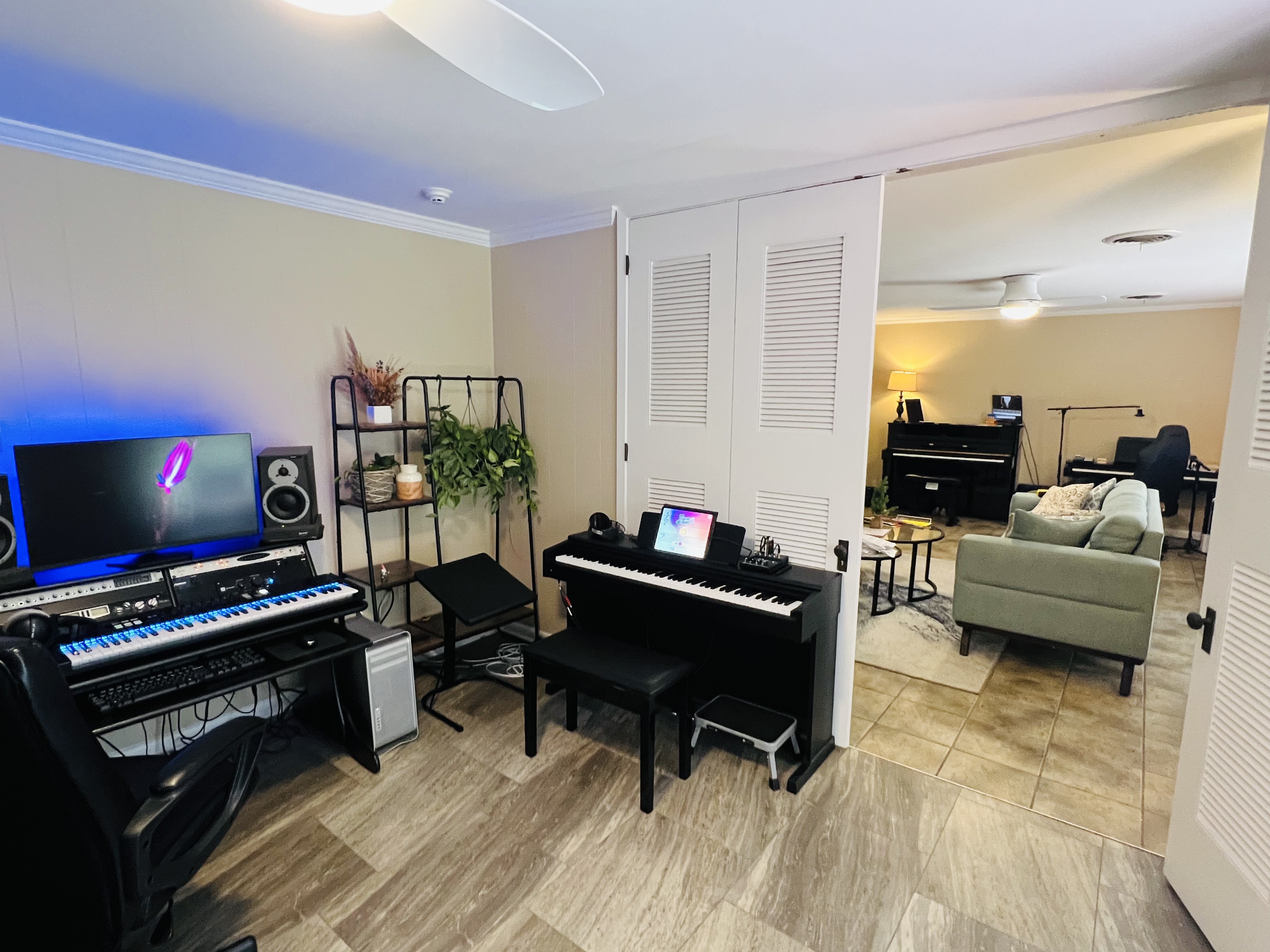 Wide view of the whole studio with warm lighting