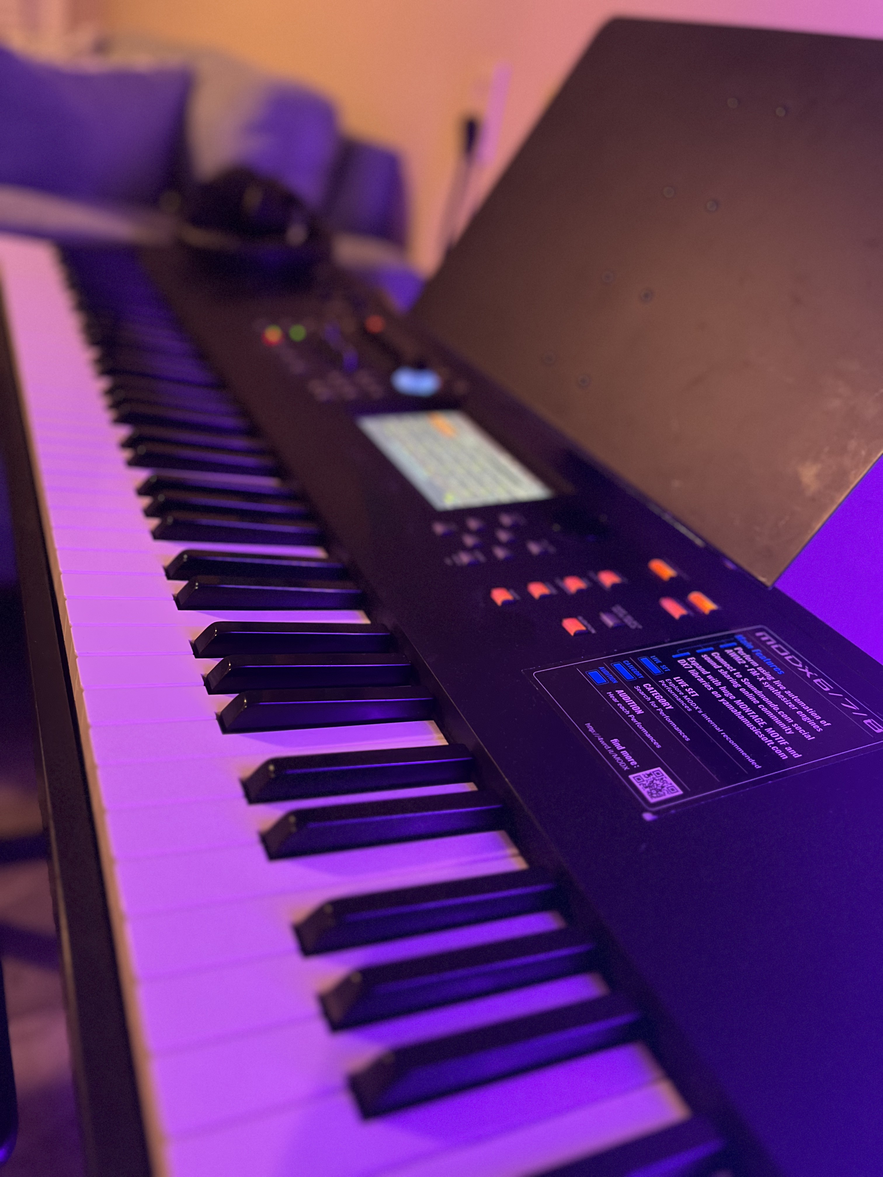 Keyboard portrait with purple lighting